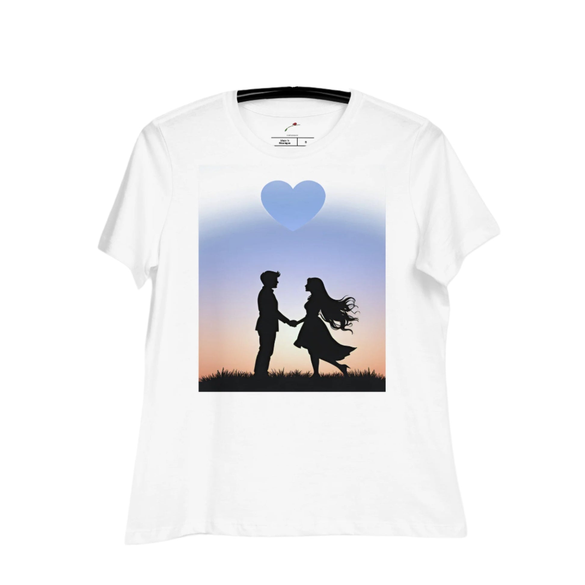 Printful love graphic t-shirt with silhouette couple holding hands under a blue heart on white tee