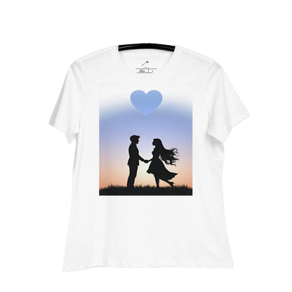 Printful love graphic t-shirt with silhouette couple holding hands under a blue heart on white tee
