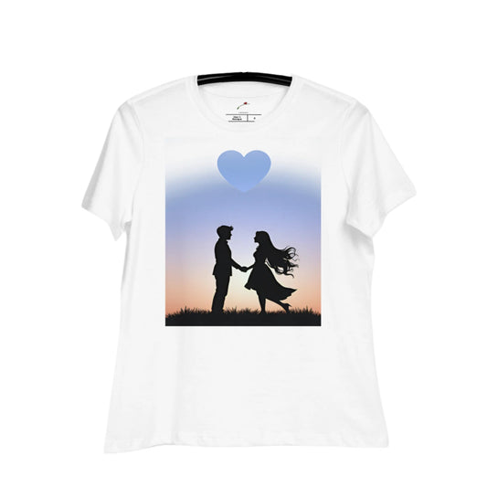 Printful love graphic t-shirt with silhouette couple holding hands under a blue heart on white tee