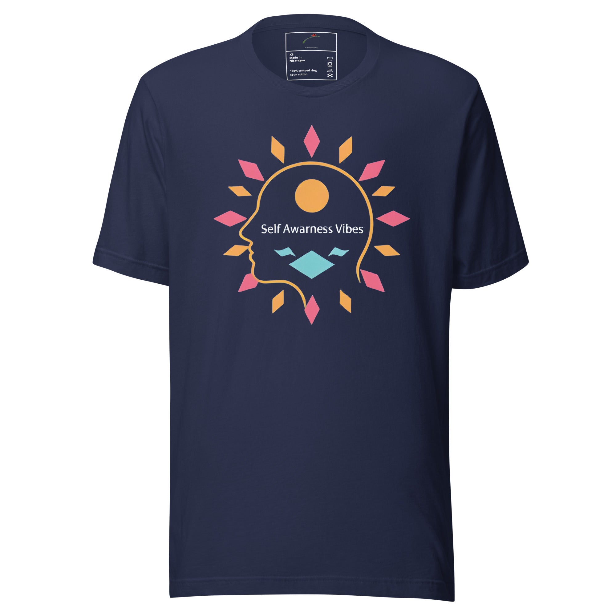 LuckeLadybug navy mental health awareness shirt with colorful self awareness vibes design