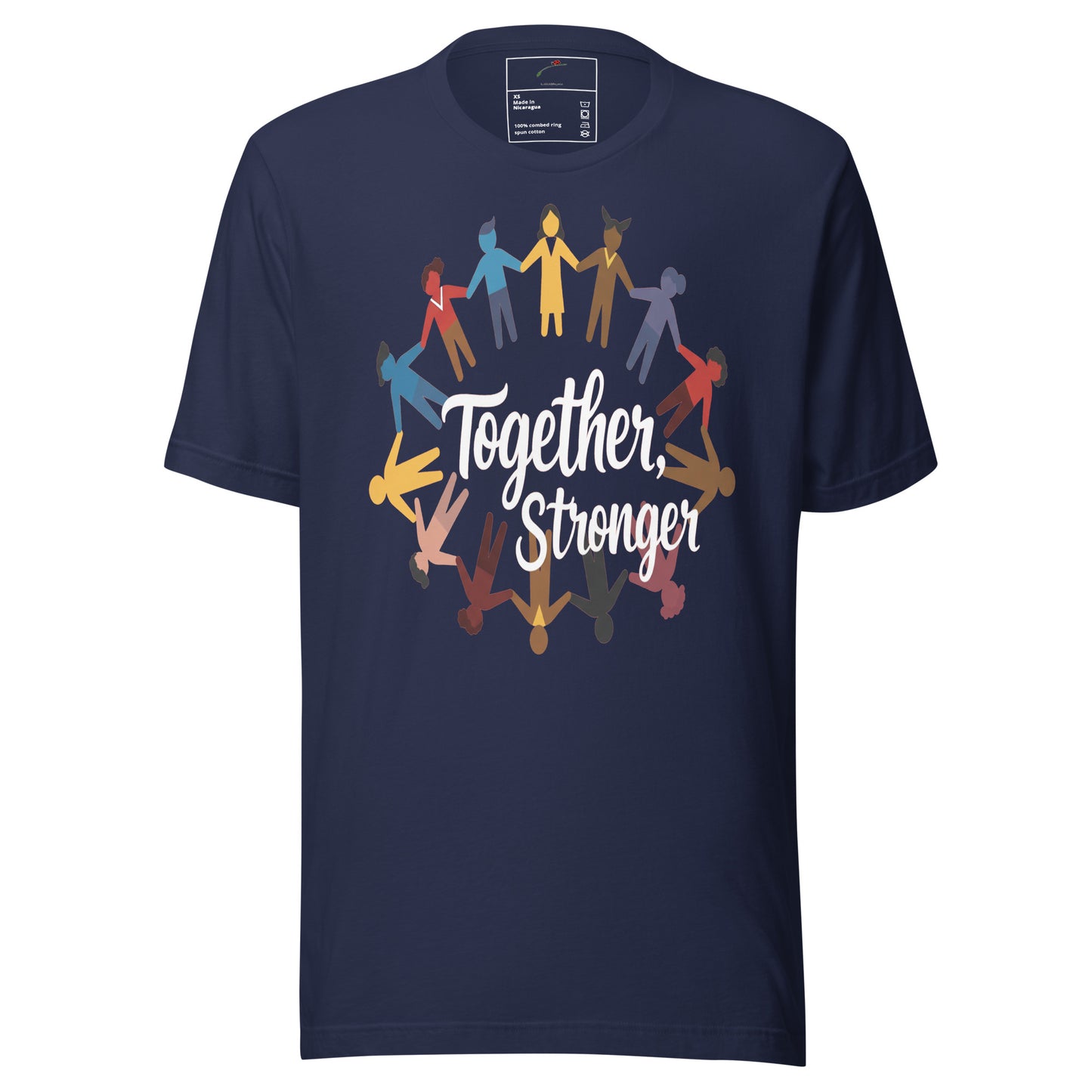 LuckeLadybug navy T shirt with multicolor people holding hands circle and Together Stronger script mental health awareness t-shirt