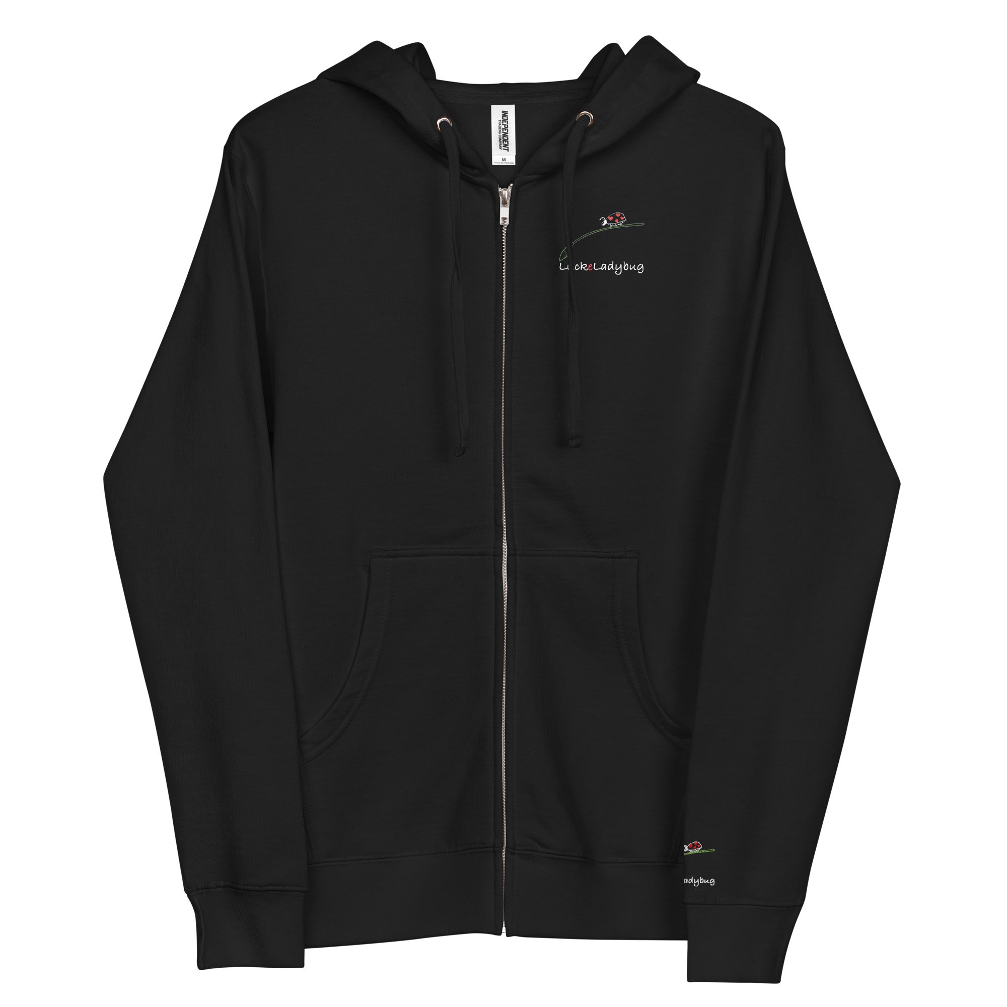 Black LuckeLadybug mental health awareness zip hoodie with front zipper and hood