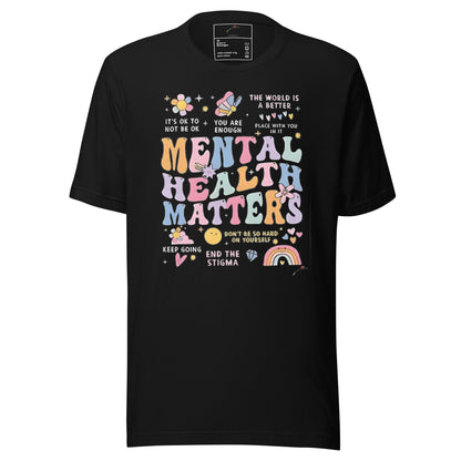 LuckeLadybug black tee with pastel retro Mental Health Matters print with flowers butterfly rainbow mental health matters t-shirt