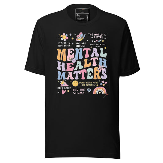 LuckeLadybug black tee with pastel retro Mental Health Matters print with flowers butterfly rainbow mental health matters t-shirt