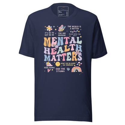 LuckeLadybug navy unisex short sleeve mental health matters t-shirt with colorful positive typography and icons