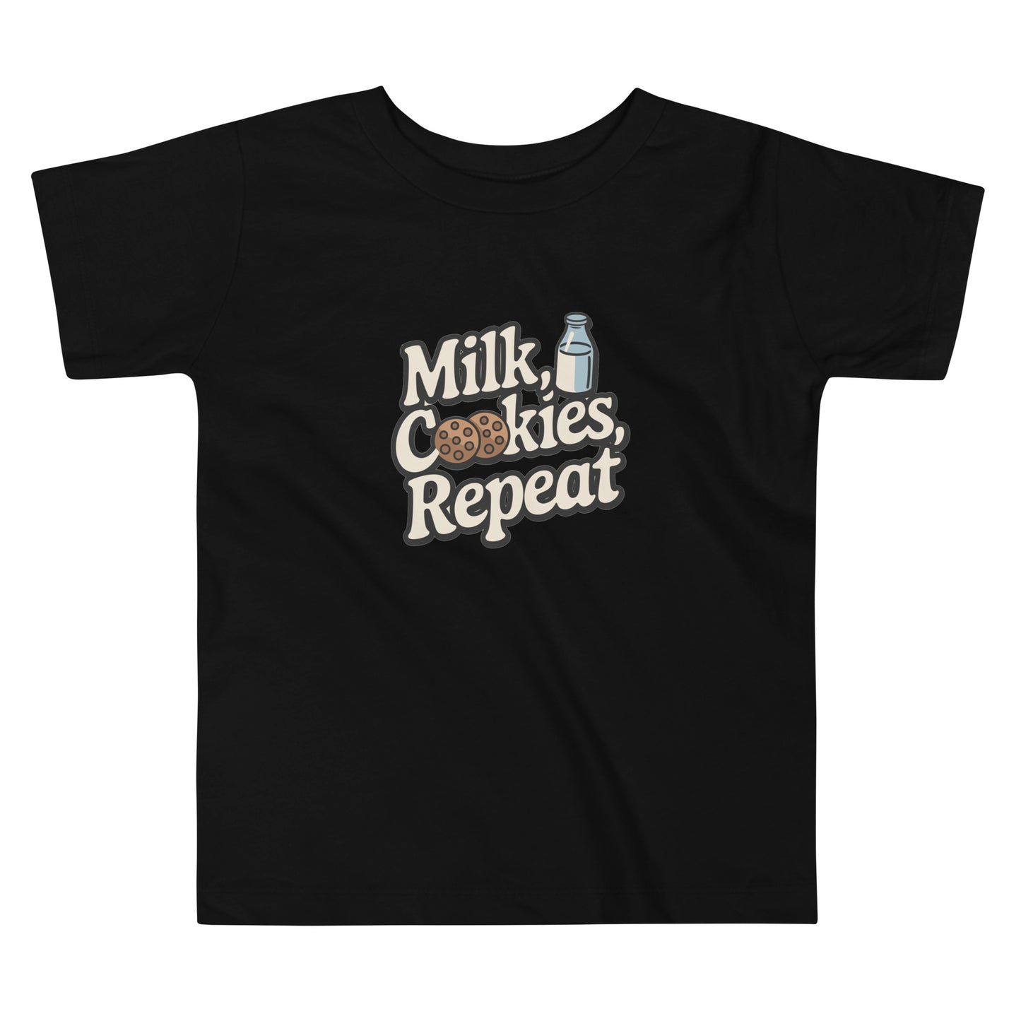 Black milk and cookies toddler shirt with milk bottle and cookie graphic design