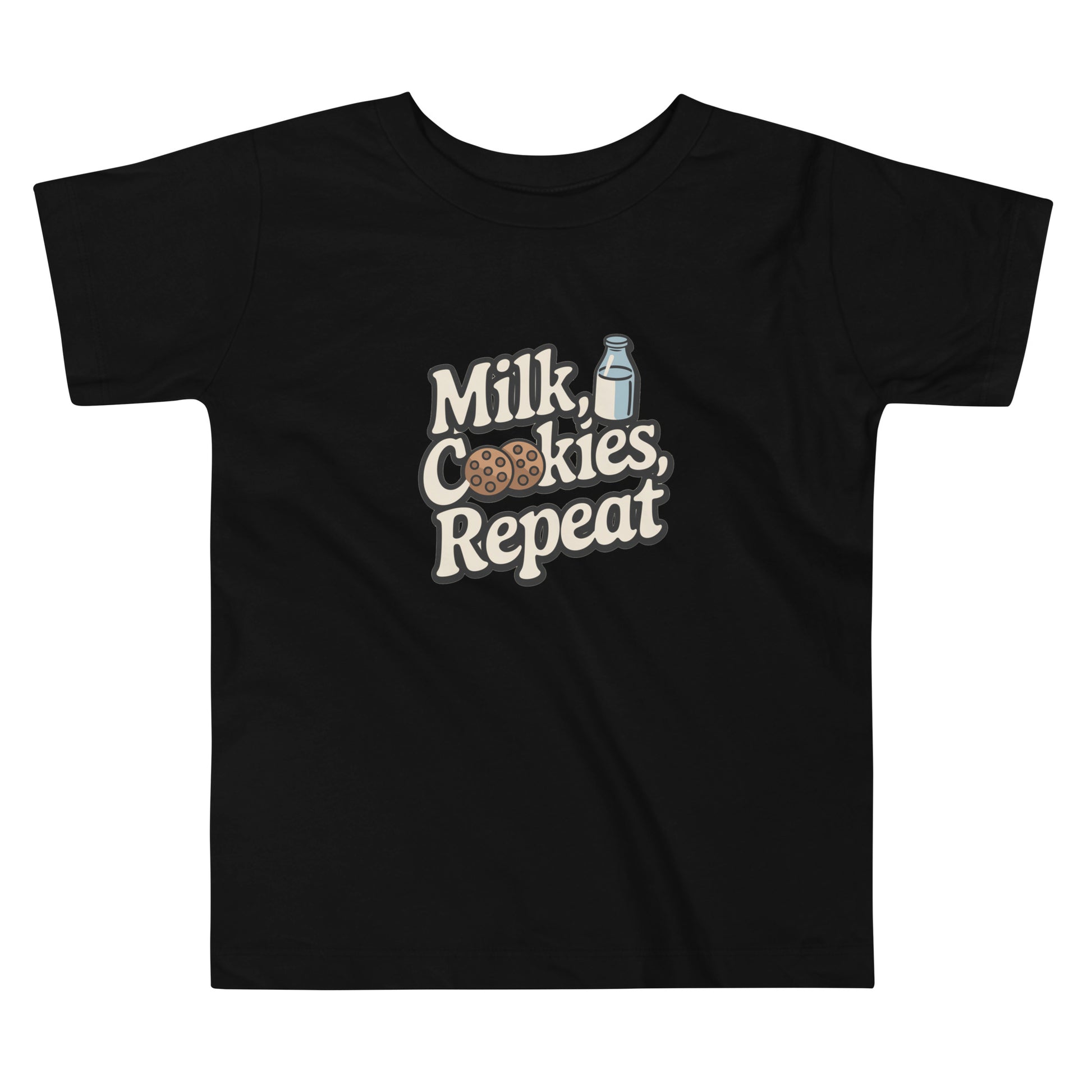 Black milk and cookies toddler shirt with milk bottle and cookie graphic design