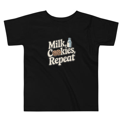 Black milk and cookies toddler shirt with milk bottle and cookie graphic design