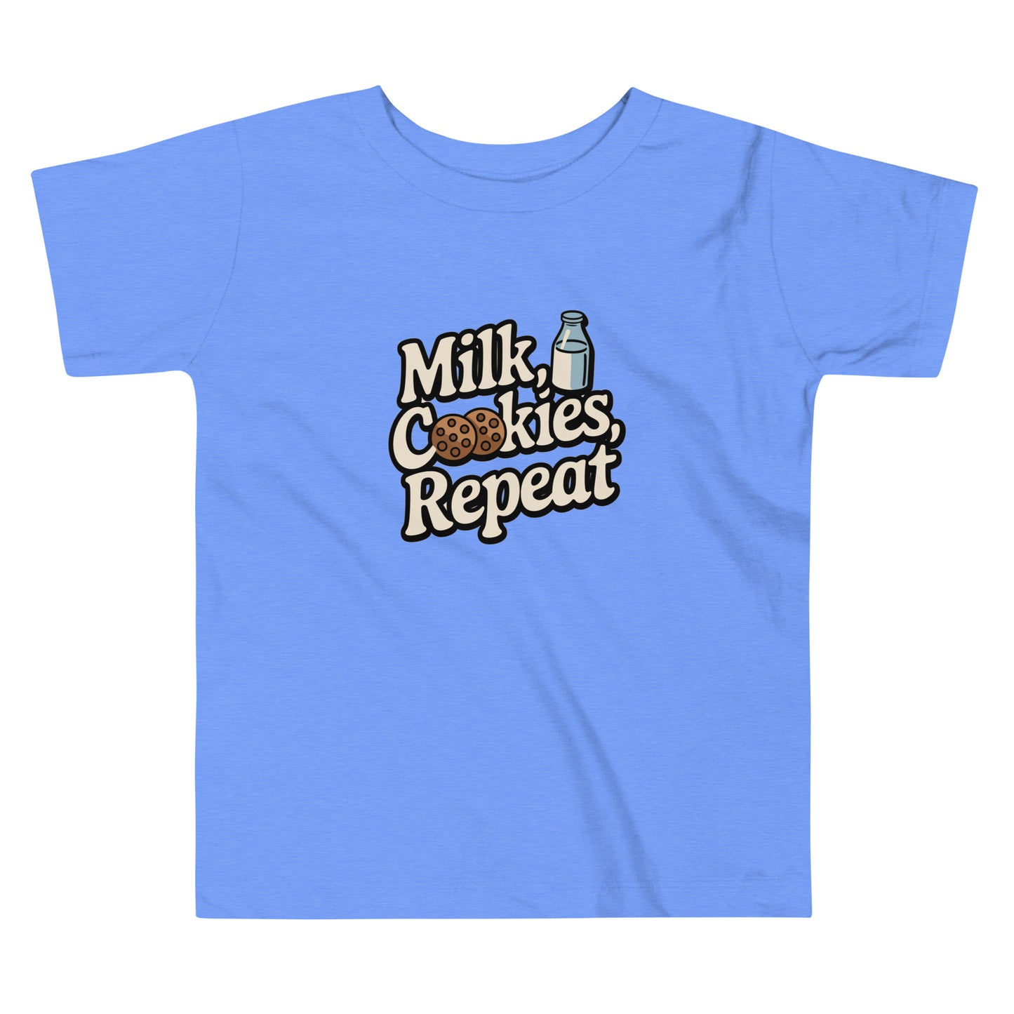 Blue LuckeLadybug milk and cookies toddler shirt with milk bottle and cookie graphic