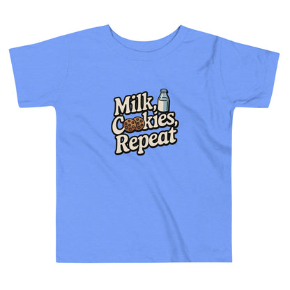 Blue LuckeLadybug milk and cookies toddler shirt with milk bottle and cookie graphic