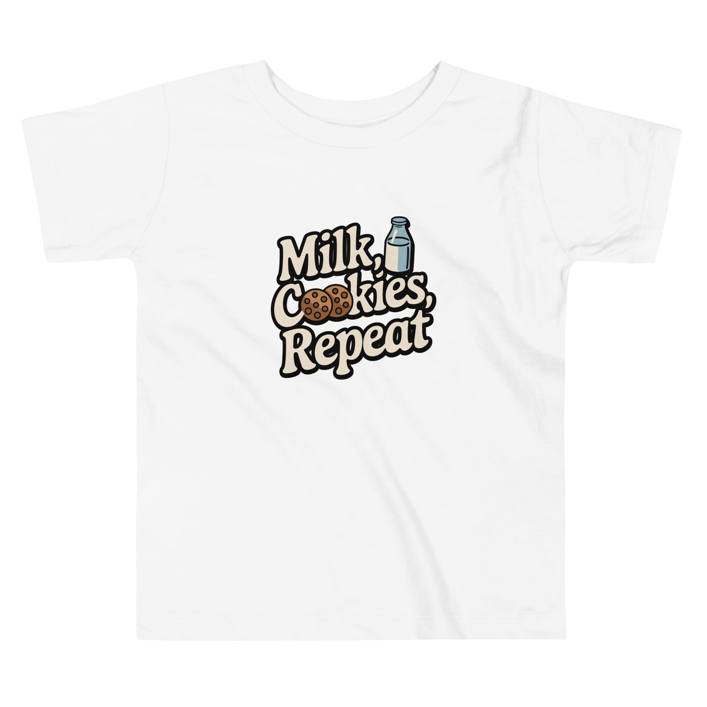 White LuckeLadybug milk and cookies toddler shirt with graphic text and cookie illustration