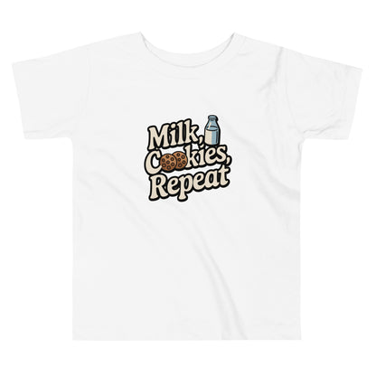 White LuckeLadybug milk and cookies toddler shirt with graphic text and cookie illustration