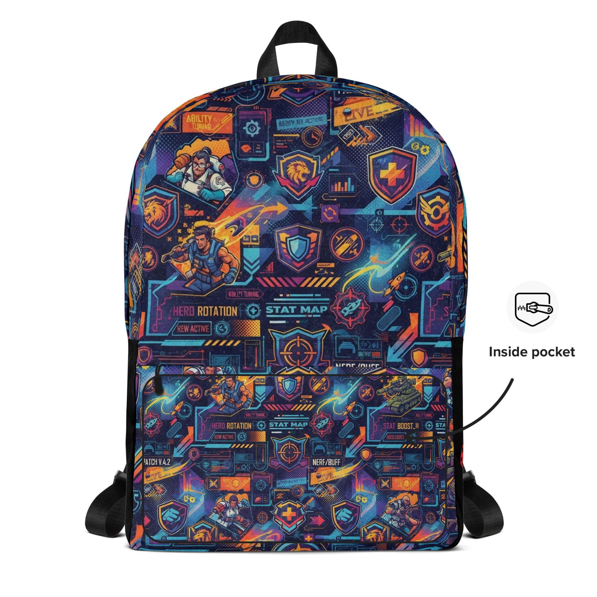 LuckeLadybug minimalist backpack with colorful graphic design featuring gaming and superhero elements