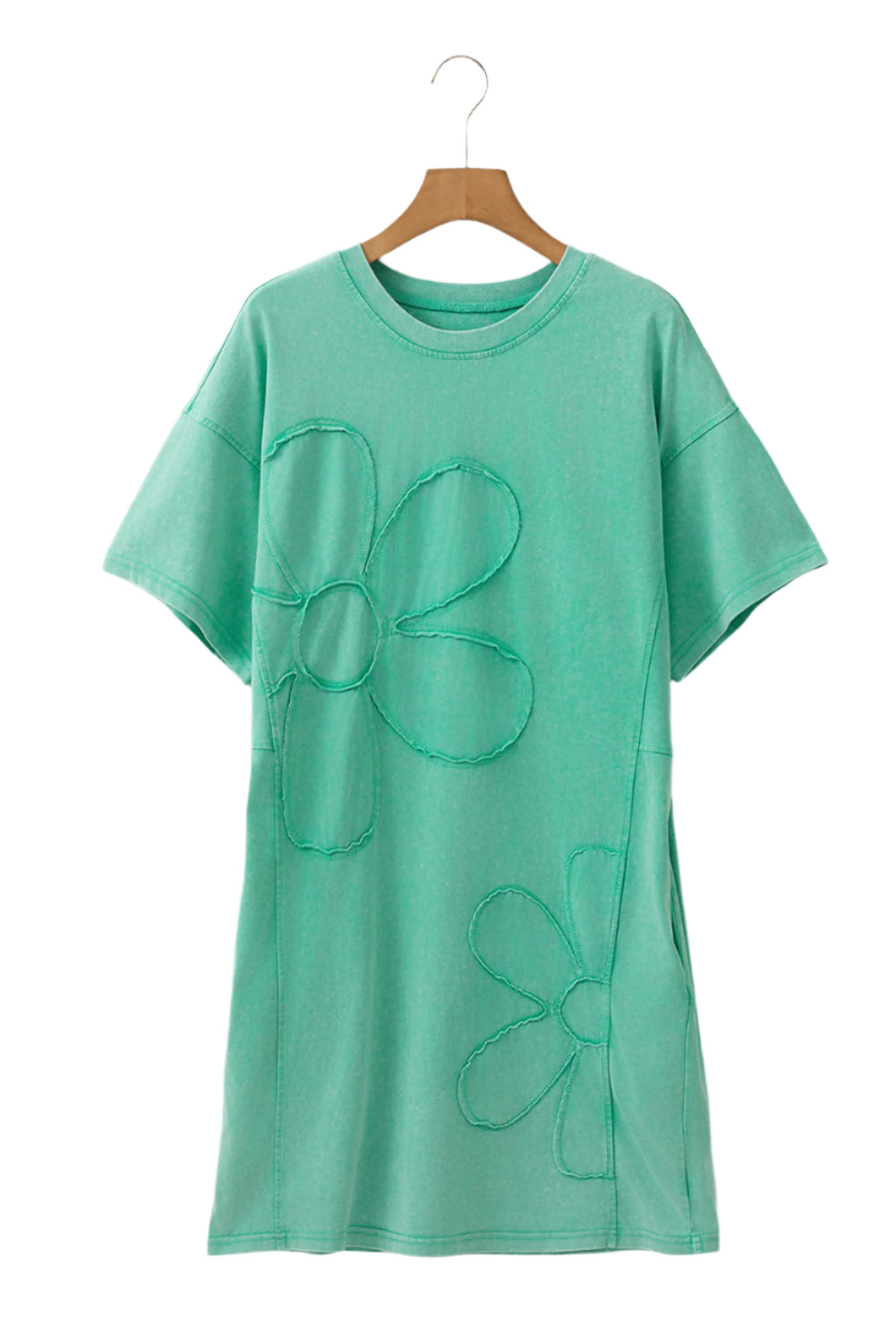 LuckeLadybug LLC mint green t shirt dress with floral stitch design and short sleeves on wooden hanger