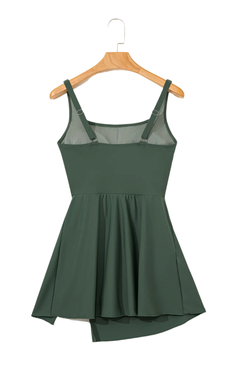Mist green swim dress by LuckeLadybug LLC with adjustable straps and mesh detail beach dress