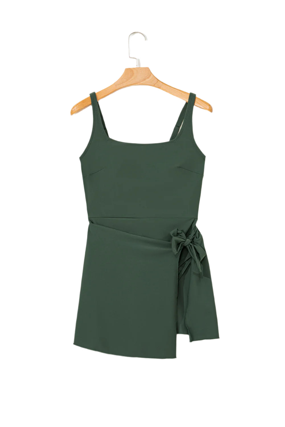 Mist green swim dress by LuckeLadybug LLC with adjustable straps and side tie detail