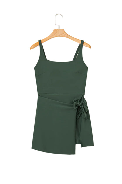 Mist green swim dress by LuckeLadybug LLC with adjustable straps and side tie detail