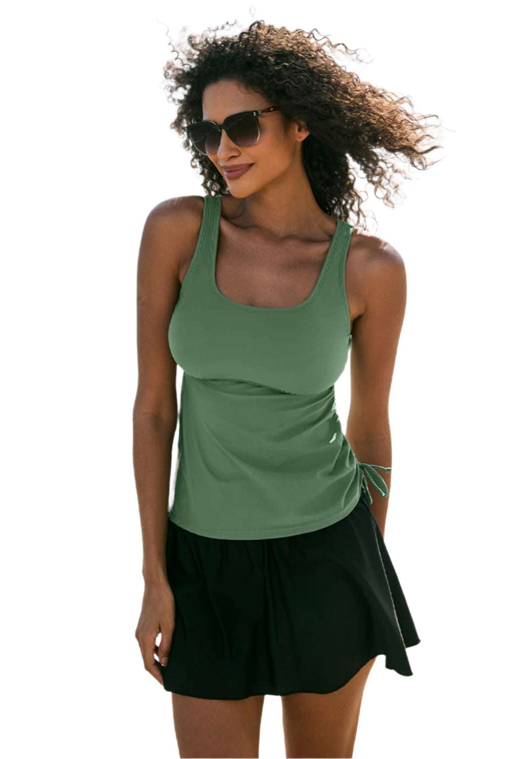 LuckeLadybug LLC mist green tankini skort set with adjustable side ties and black skort