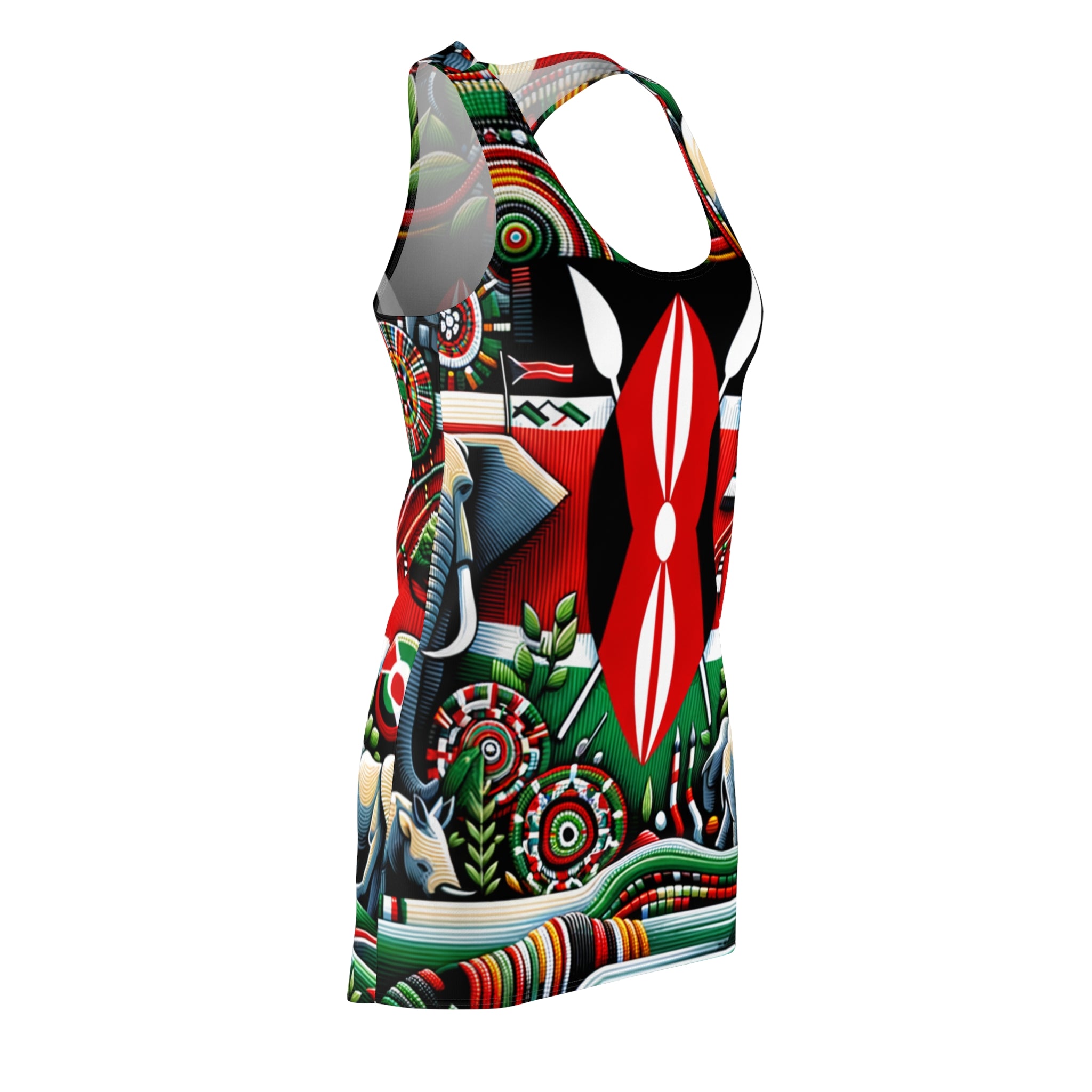luckeladybug modern African-inspired dress racerback with colorful tribal patterns and bold shield design