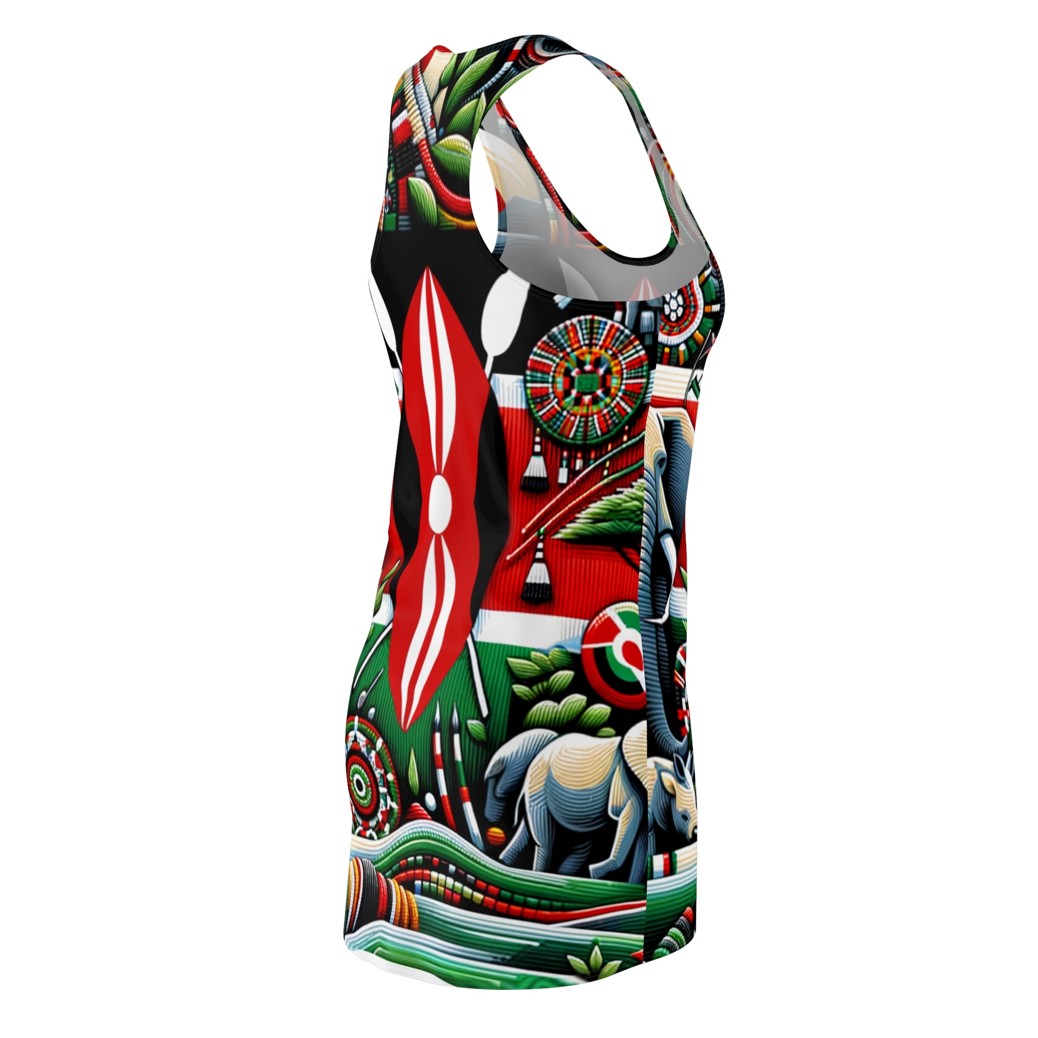 Luckeladybug racerback dress featuring a vibrant modern African-inspired dress design with elephants and tribal patterns