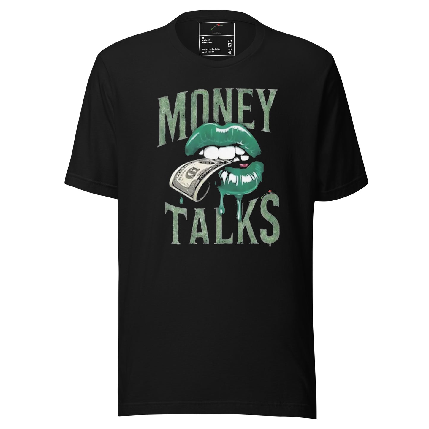 Black LuckeLadybug t-shirt with money talks graphic tee design featuring green lips holding a dollar bill