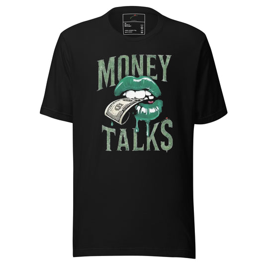 Black LuckeLadybug t-shirt with money talks graphic tee design featuring green lips holding a dollar bill