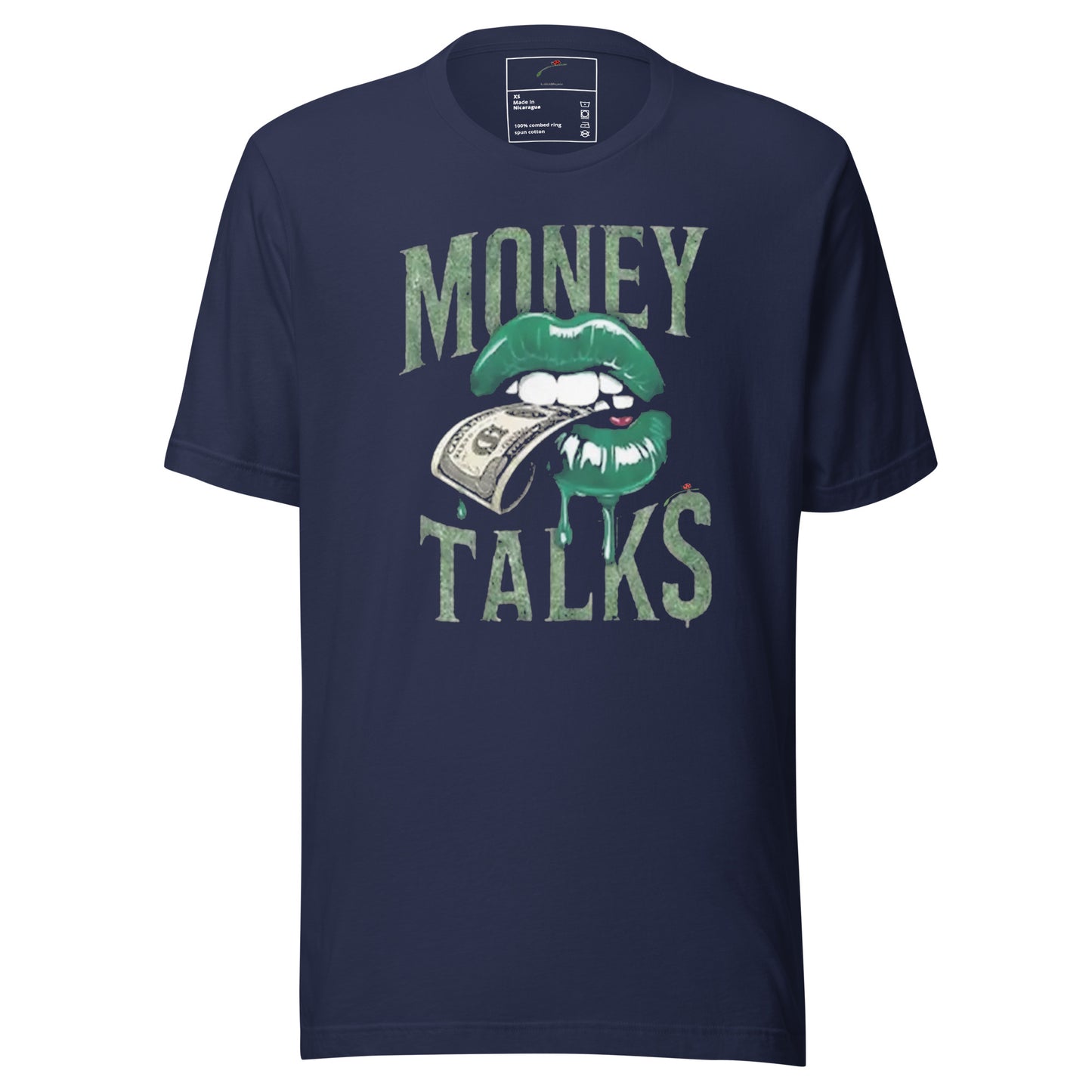 LuckeLadybug navy t-shirt with money talks graphic tee design featuring green lips biting a dollar bill