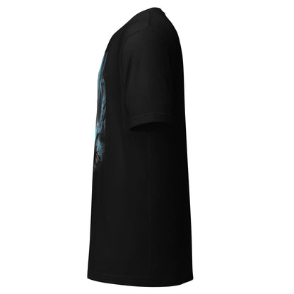 Black T-shirt by LuckeLadybug featuring mystic depths mermaid shirt design viewed from the side