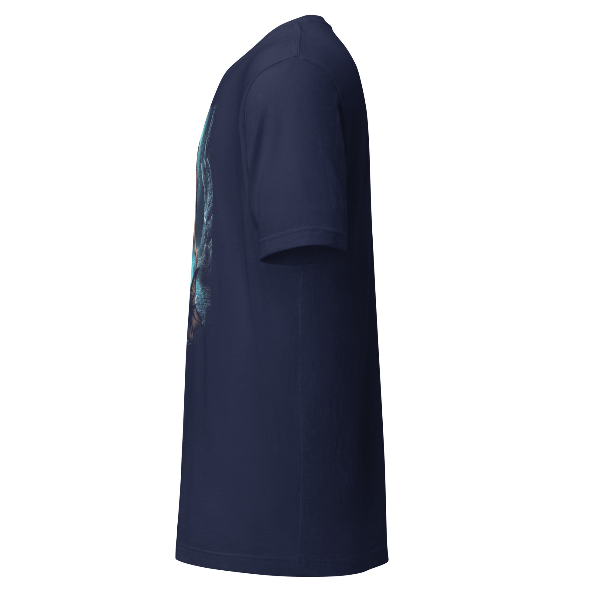 Side view of navy blue mystic depths mermaid shirt by LuckeLadybug with short sleeves