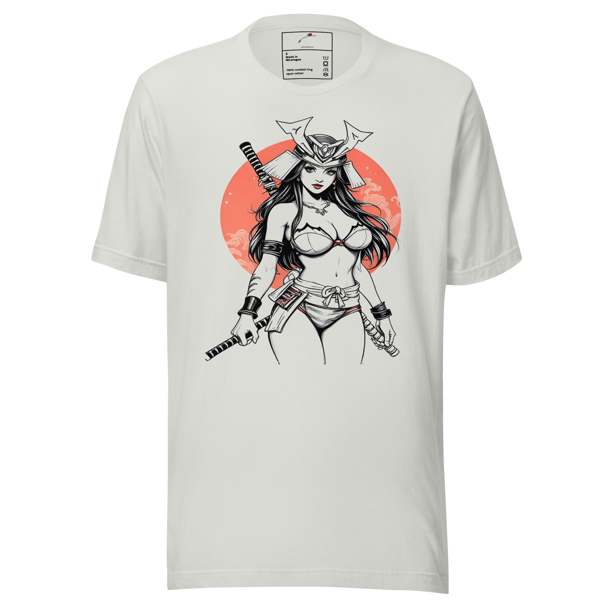 LuckeLadybug Mystical Warrior T-shirt with samurai female warrior graphic on white fabric