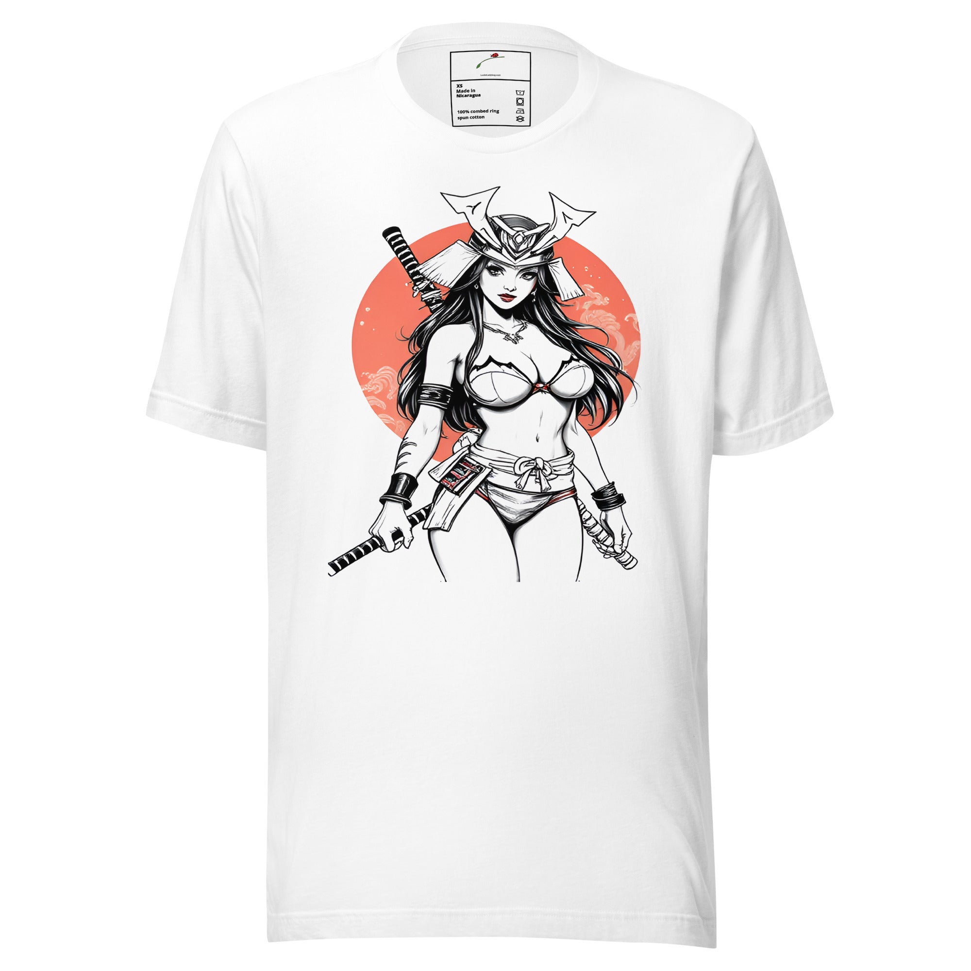 White LuckeLadybug Mystical Warrior T-shirt featuring a female samurai with swords and red circular background