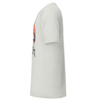 Side view of LuckeLadybug Mystical Warrior T-shirt in white with graphic design on front