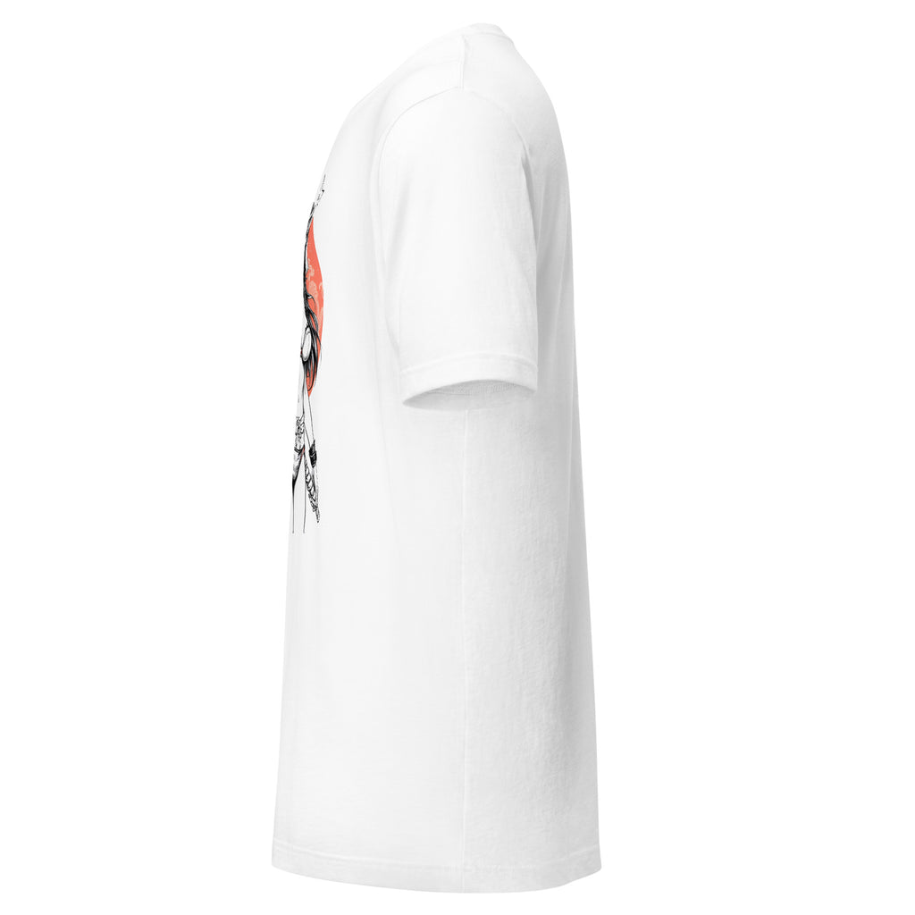 White Mystical Warrior T-shirt by LuckeLadybug side view with short sleeves and graphic design