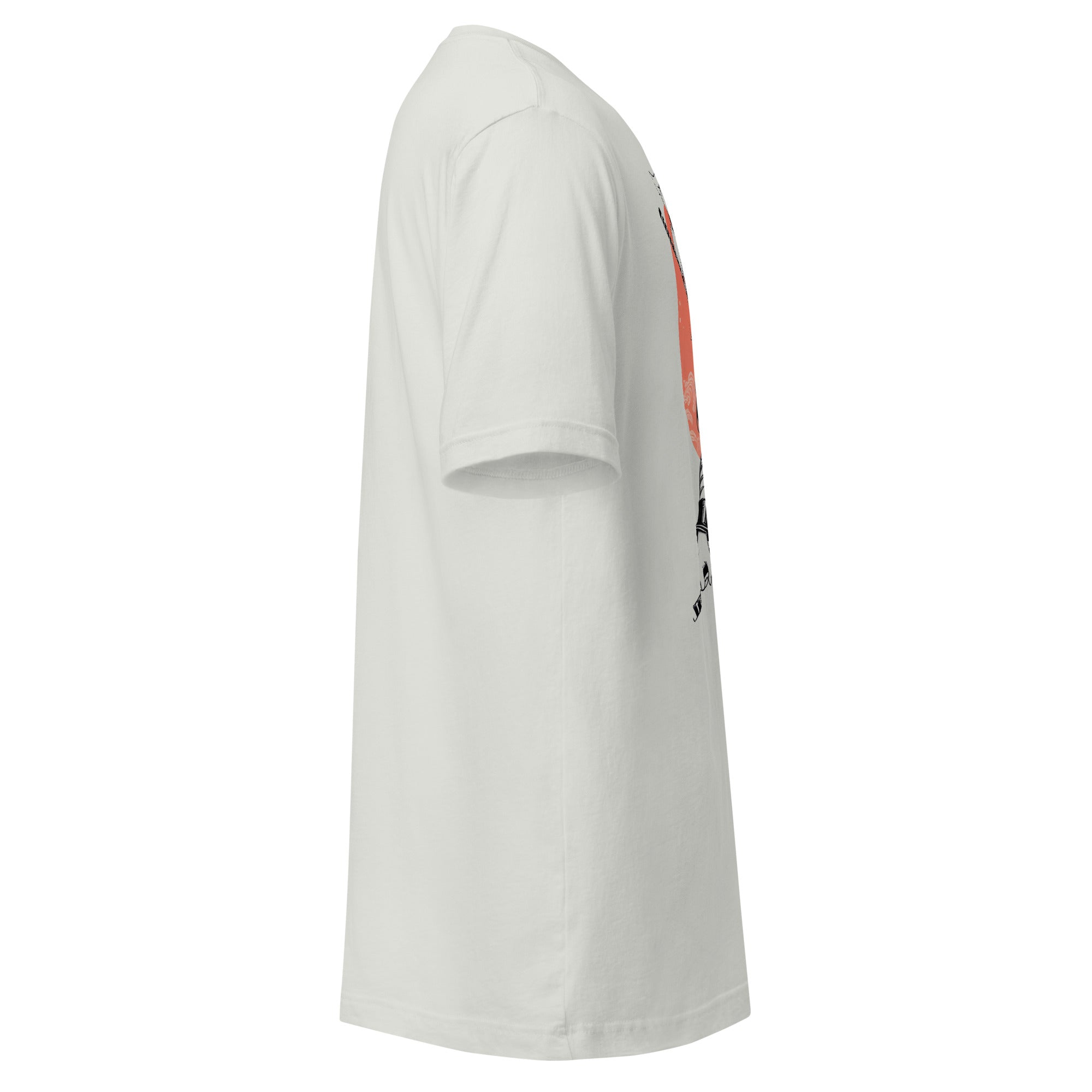 Side view of LuckeLadybug Mystical Warrior T-shirt in white with short sleeves and graphic design