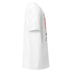 White Mystical Warrior T-shirt by LuckeLadybug shown in side view with short sleeves and round neck