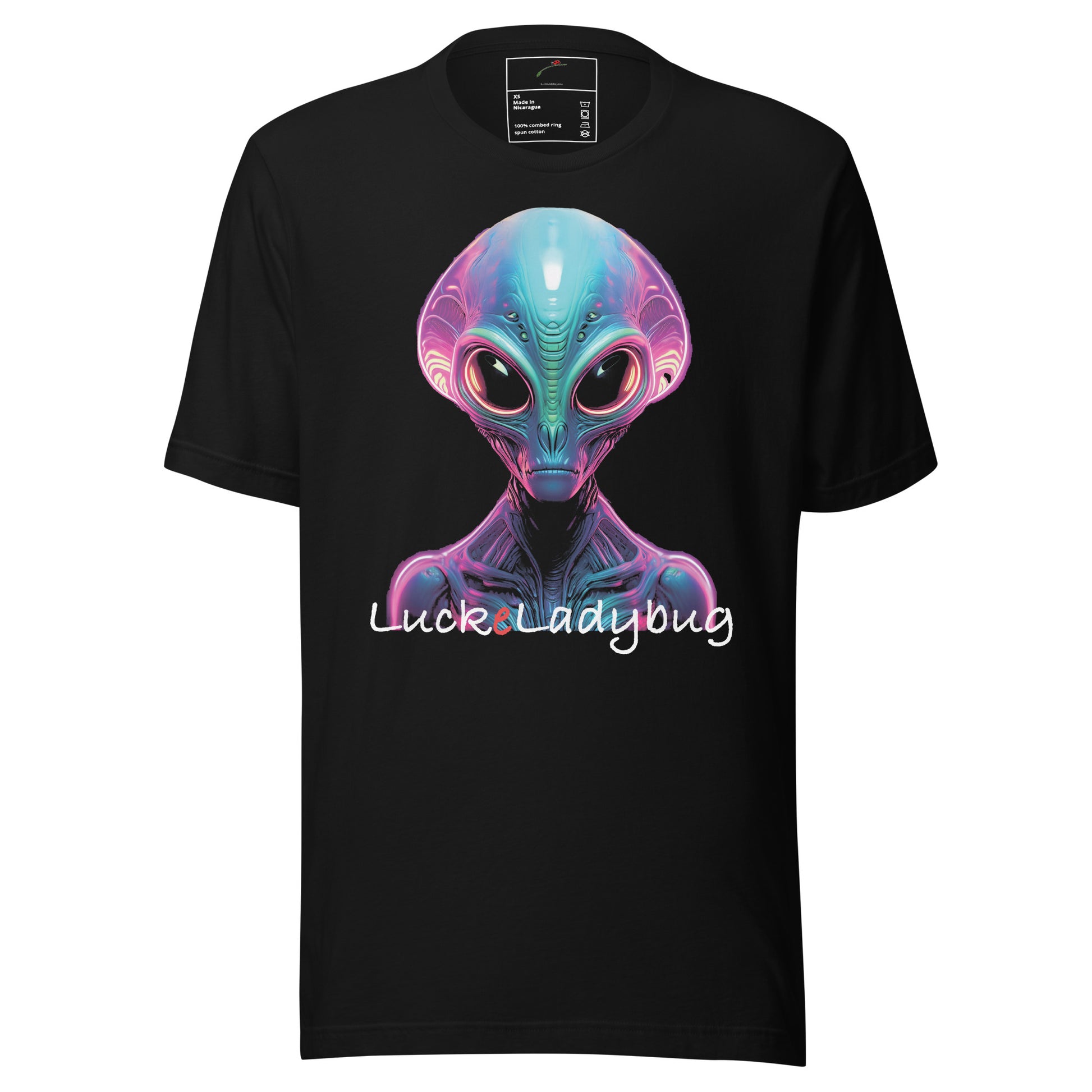 LuckeLadybug black t shirt neon alien graphic tee with vibrant multicolor alien head print on front