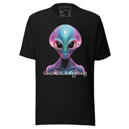 LuckeLadybug black t shirt neon alien graphic tee with vibrant multicolor alien head print on front