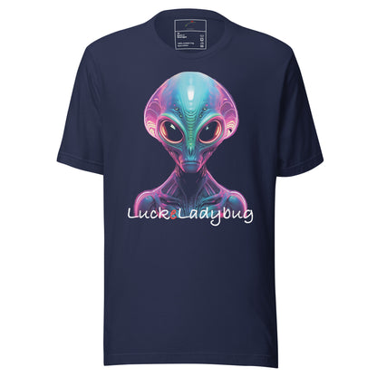 LuckeLadybug navy t shirt with neon alien graphic tee featuring vibrant multicolor alien head print for casual wear