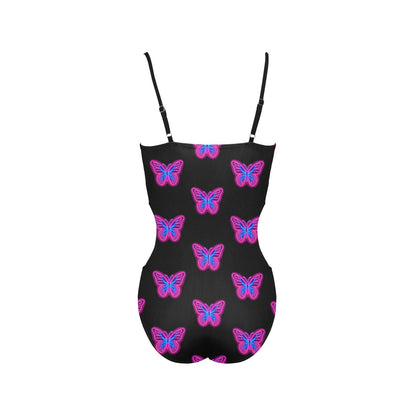 LuckeLadybug black neon butterfly one-piece swimsuit with adjustable straps and pink blue butterfly print
