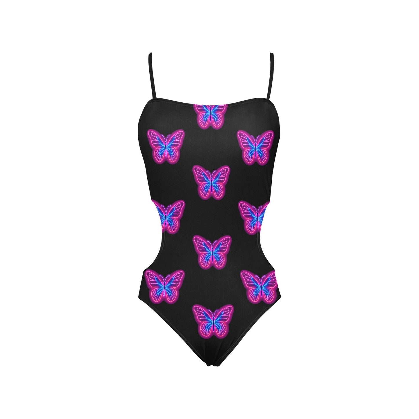 LuckeLadybug neon butterfly one-piece swimsuit black with pink and blue neon butterfly print and thin shoulder straps