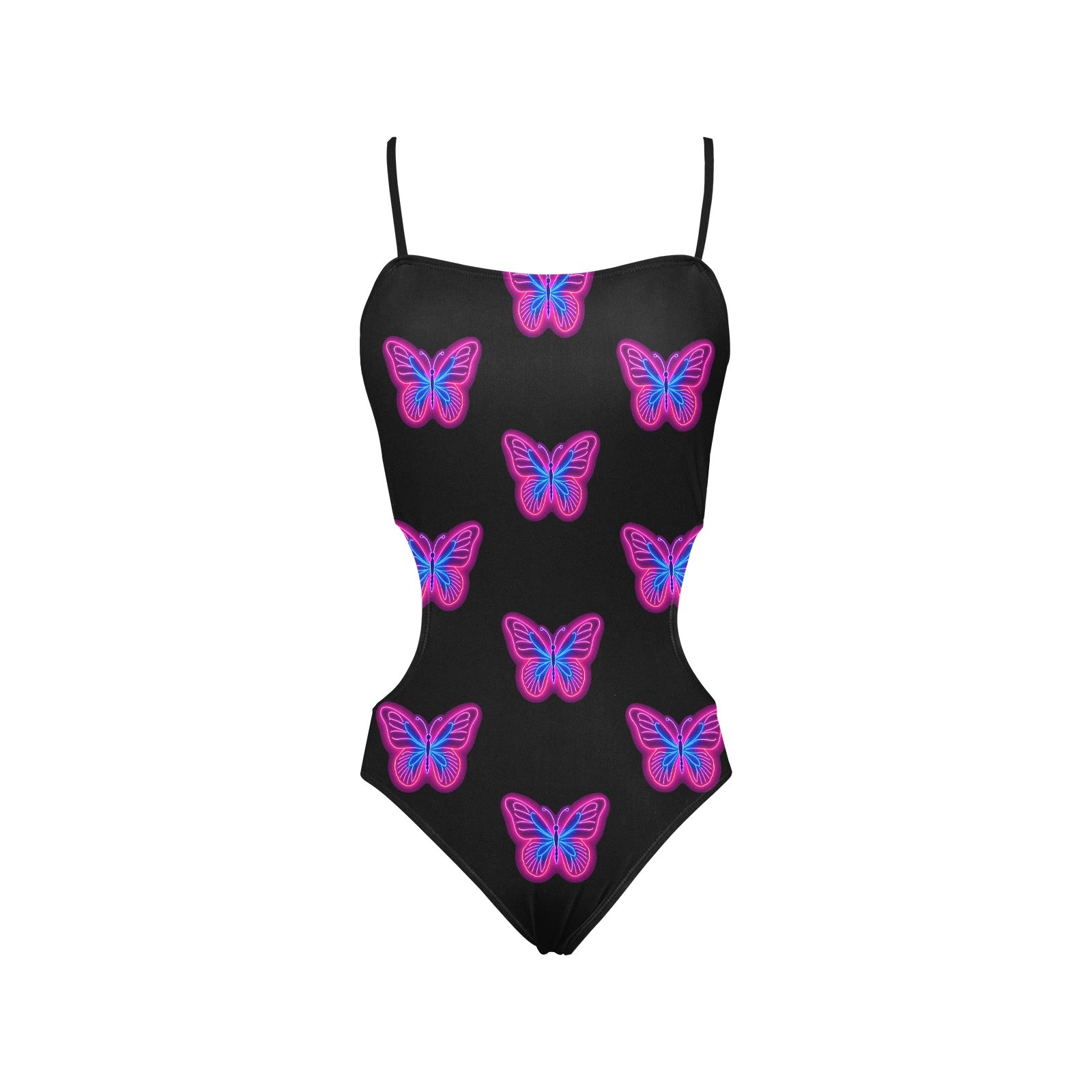 LuckeLadybug neon butterfly one-piece swimsuit black with pink and blue neon butterfly print and thin shoulder straps