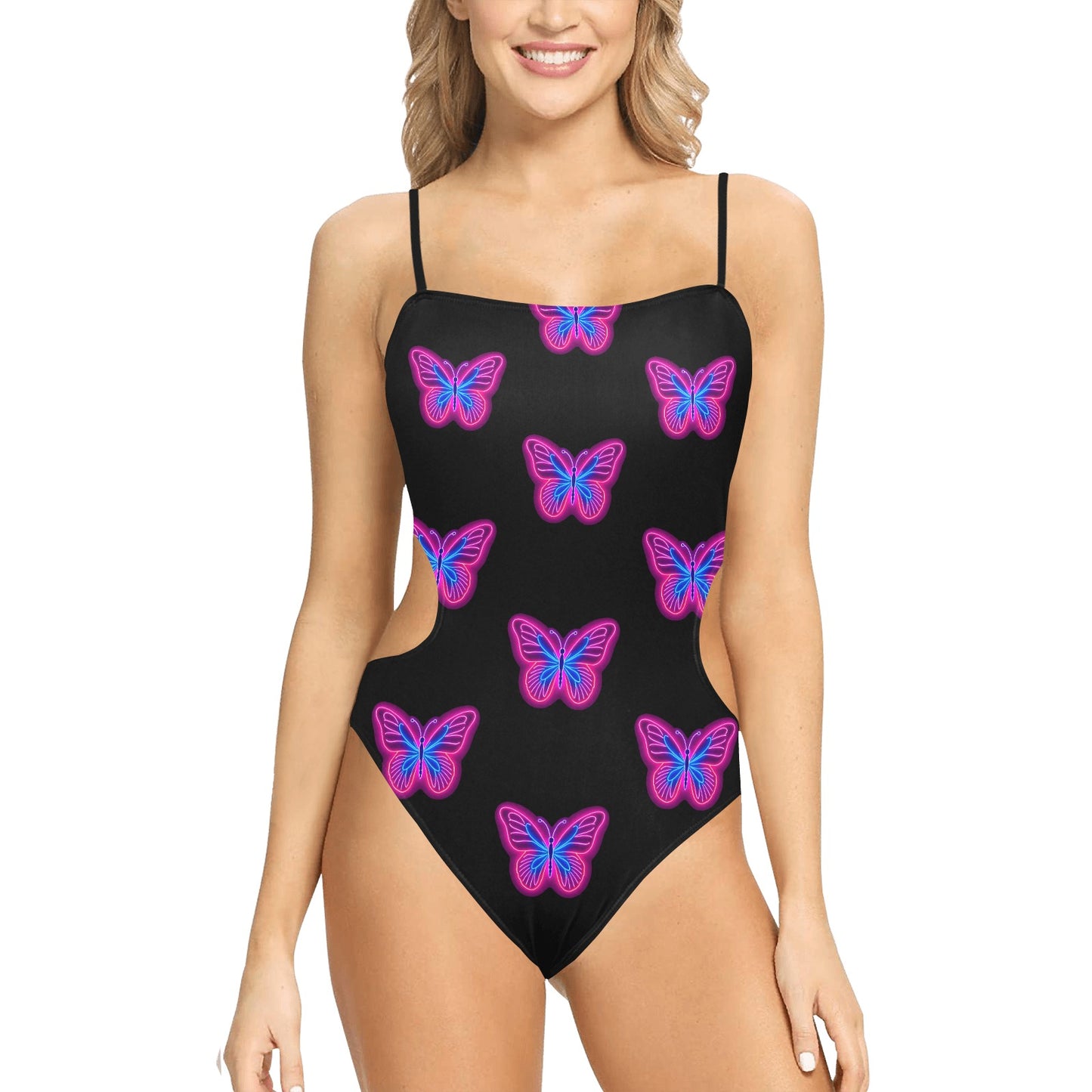 LuckeLadybug neon butterfly one-piece swimsuit in black with pink and blue neon butterfly print and side cutouts