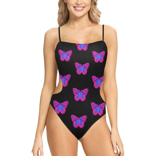 LuckeLadybug neon butterfly one-piece swimsuit in black with pink and blue neon butterfly print and side cutouts