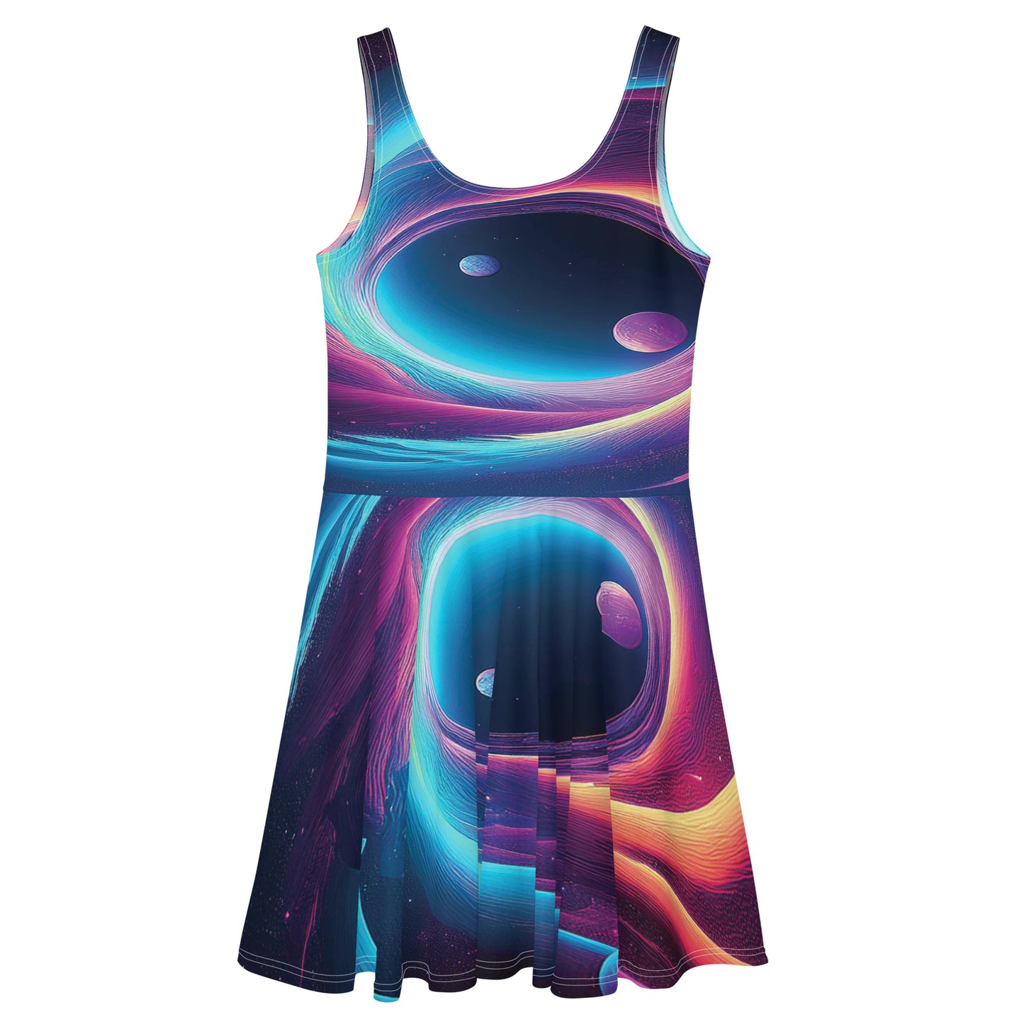 LuckeLadybug neon galaxy skater dress with vibrant space swirl design and sleeveless scoop neck