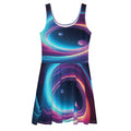 LuckeLadybug neon galaxy skater dress with vibrant blue and purple space swirl design