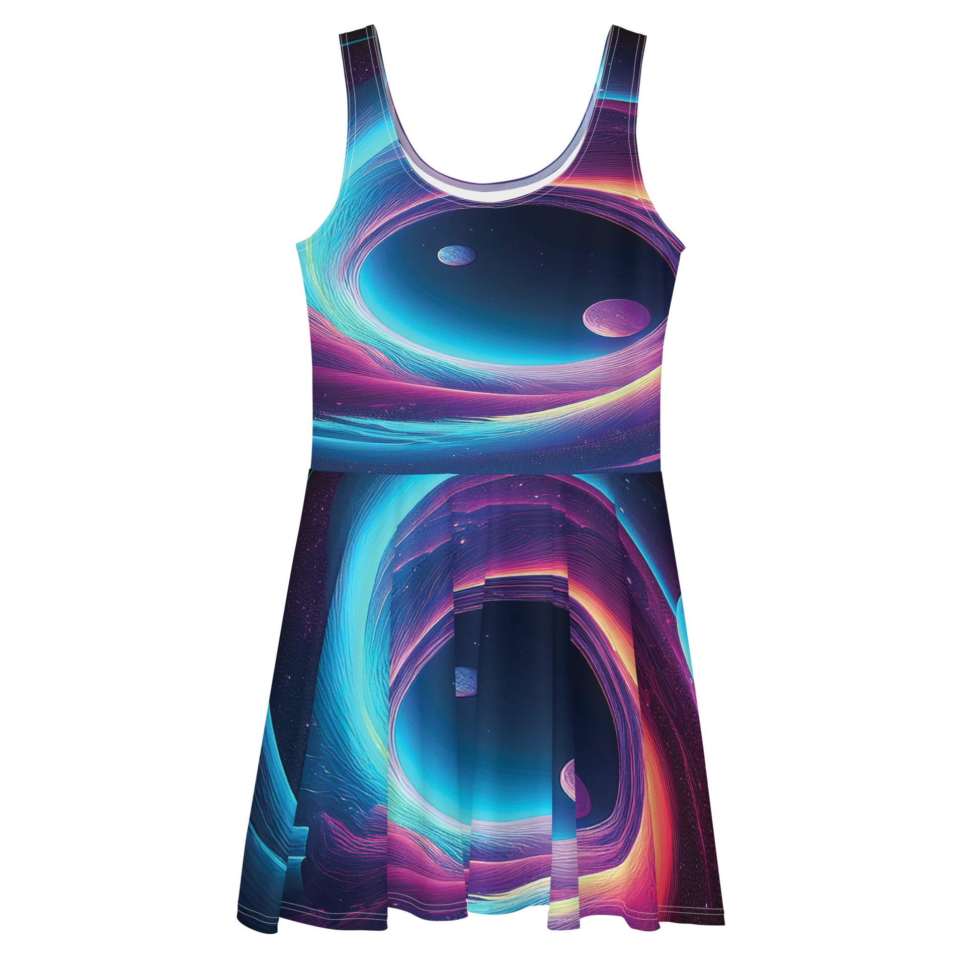 LuckeLadybug neon galaxy skater dress with vibrant blue and purple space swirl design