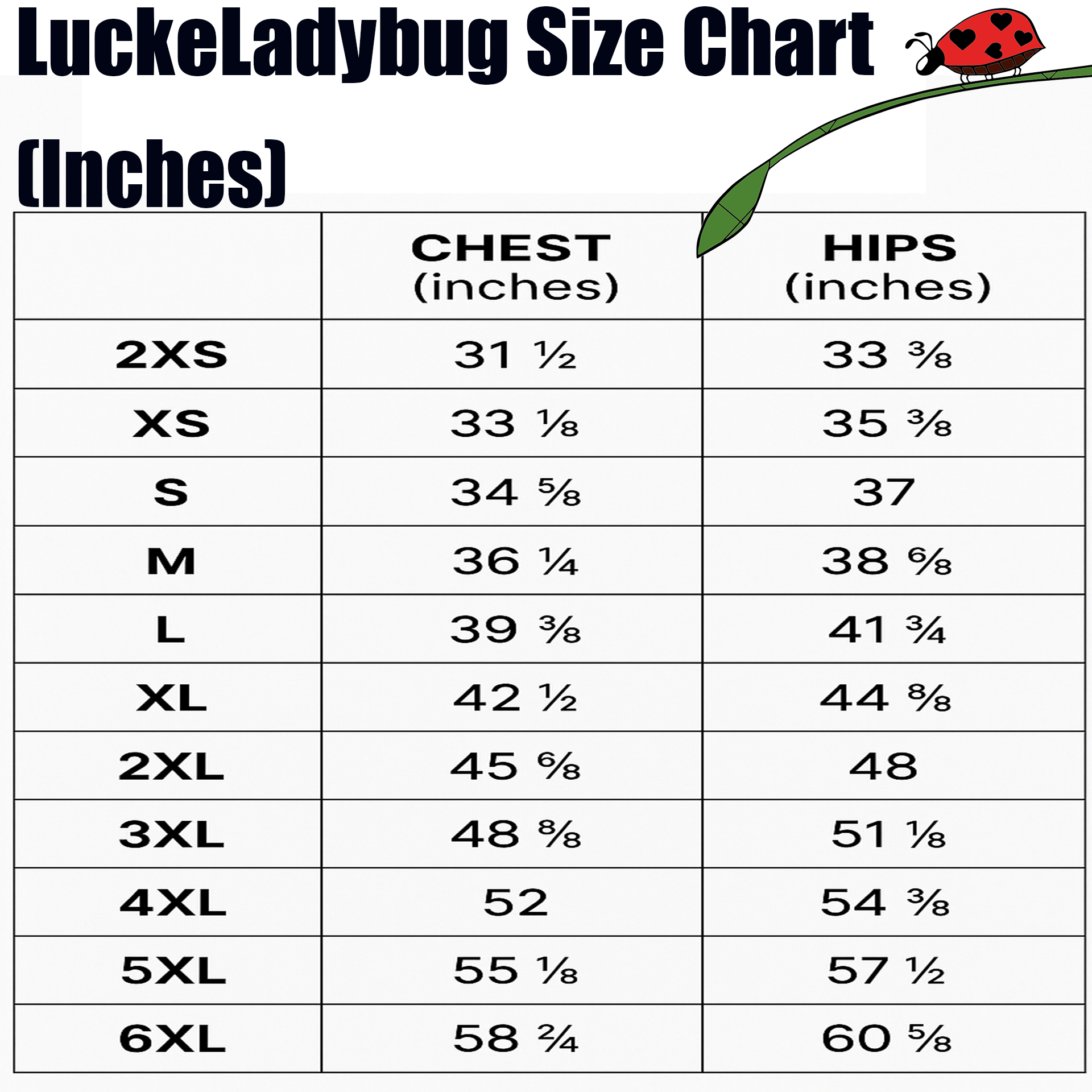 LuckeLadybug size chart for bikini chest and hips measurements in inches for sizes 2XS to 6XL