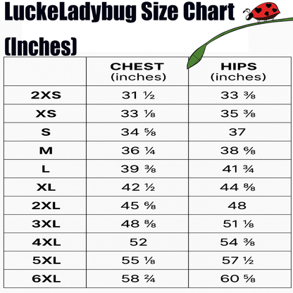 LuckeLadybug size chart for bikini chest and hips measurements in inches for sizes 2XS to 6XL