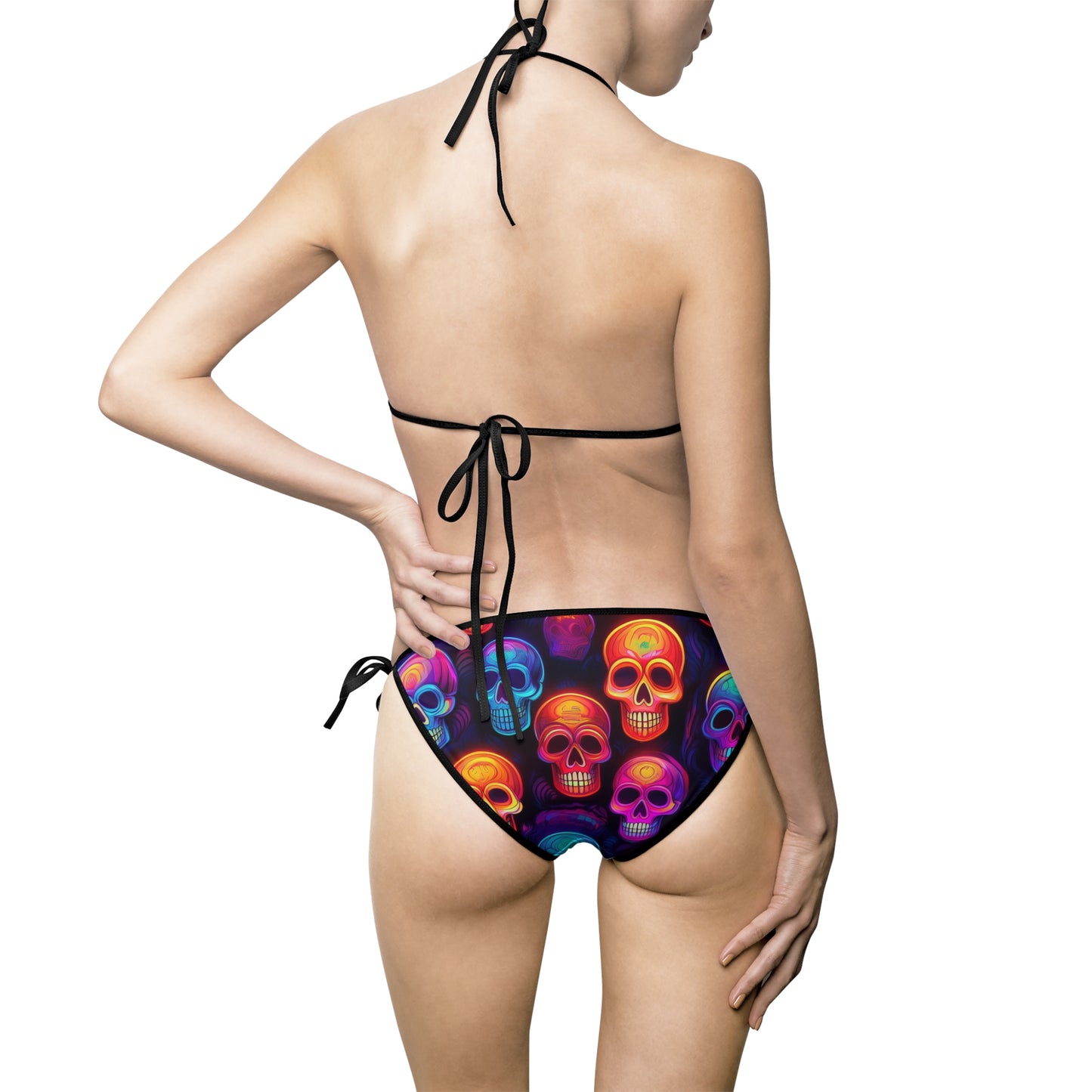 Back view of neon skull bikini swimsuit with colorful skull pattern on black fabric