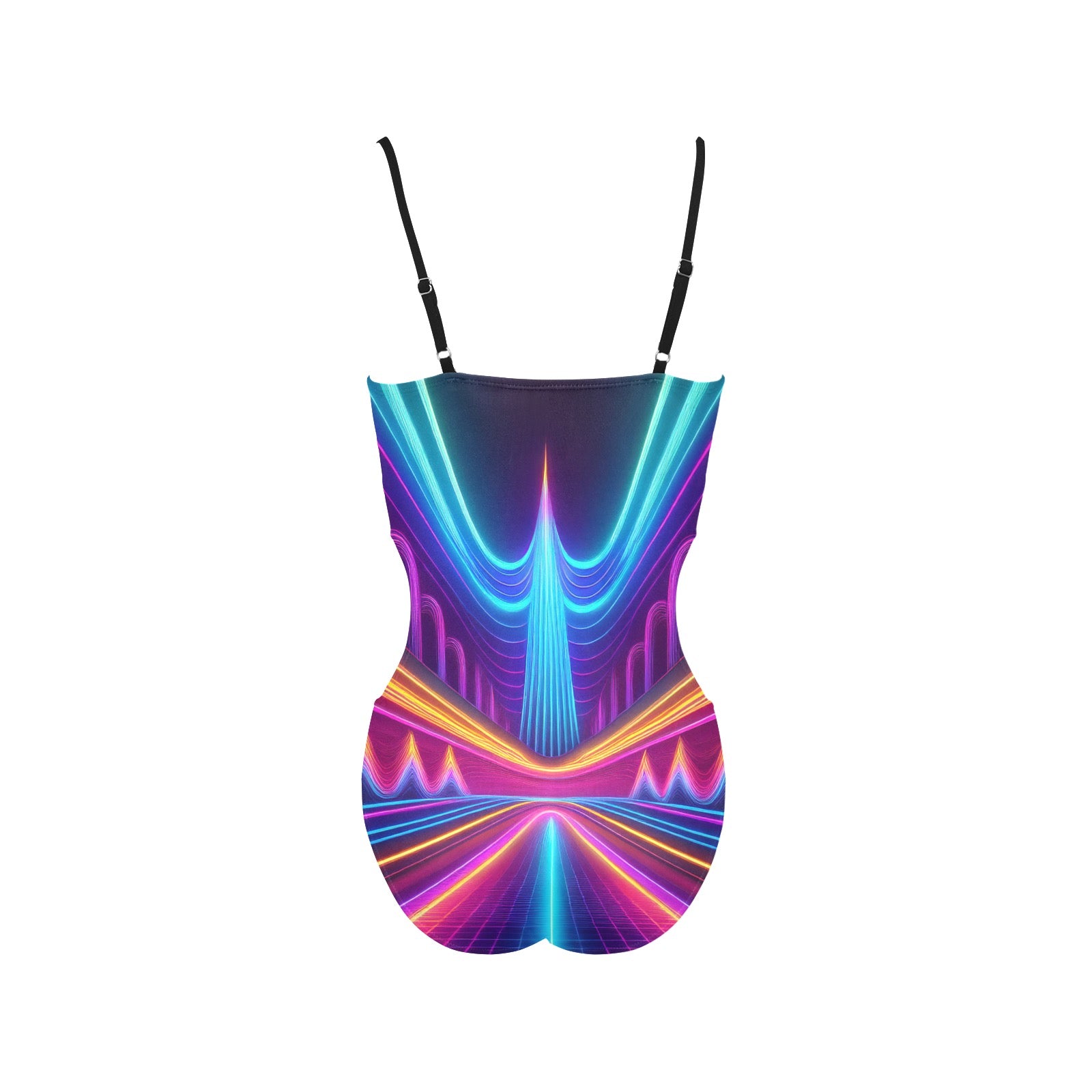 LuckeLadybug neon spaghetti strap swimsuit one piece back view with adjustable black straps and vibrant neon abstract pattern
